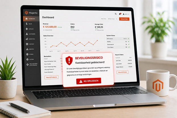 Magento onderhoud voor webshop met beveiligingsrisico en dashboard monitoring