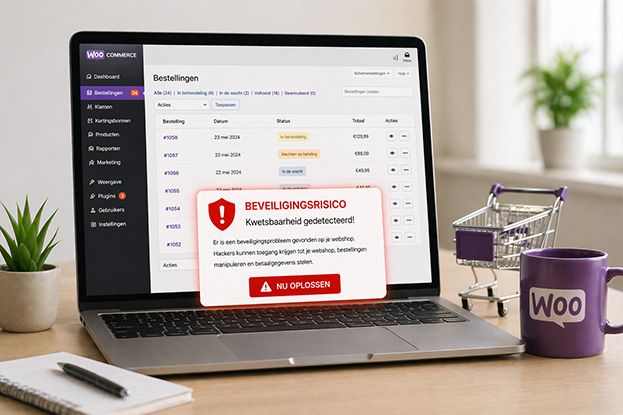 WooCommerce onderhoud voor webshop met beveiligingsrisico en bestellingen dashboard